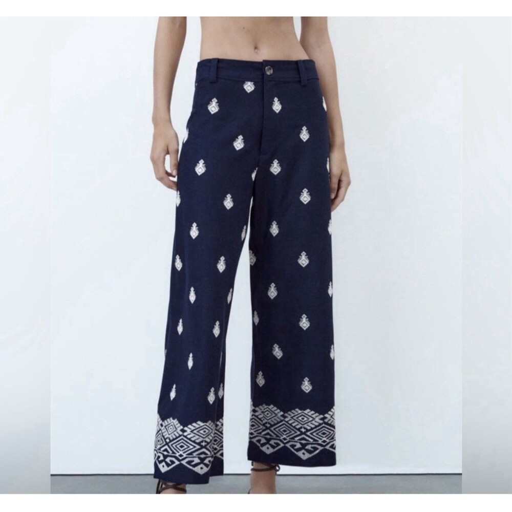 Zara High Waisted Boho ChiNavy Blue Embroidered Pants Culottes Cottagecore Sz S - Picture 3 of 16